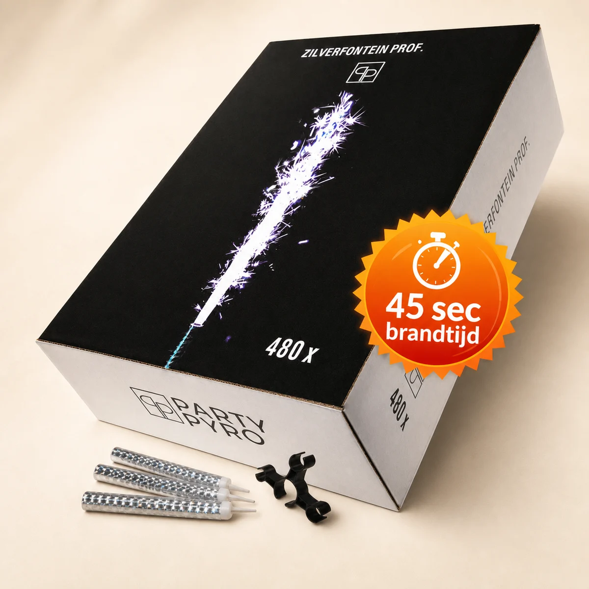 Premium productfoto van bulkbox met 480 ijsfonteinen van 45 seconden