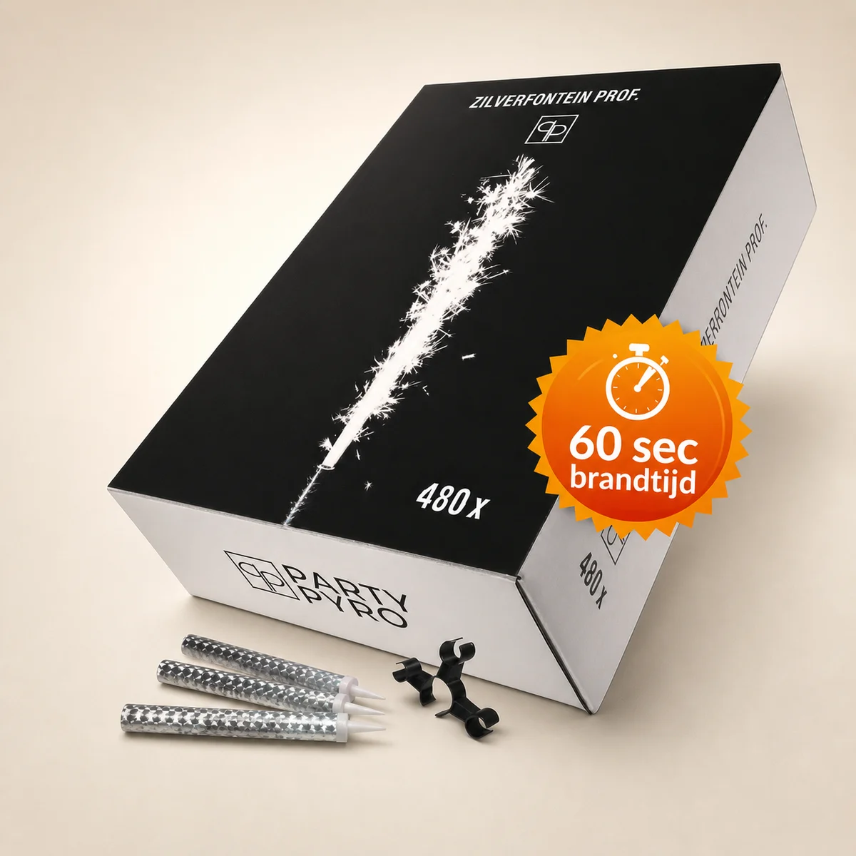 Premium productfoto van bulkbox met 480 ijsfonteinen van 60 seconden